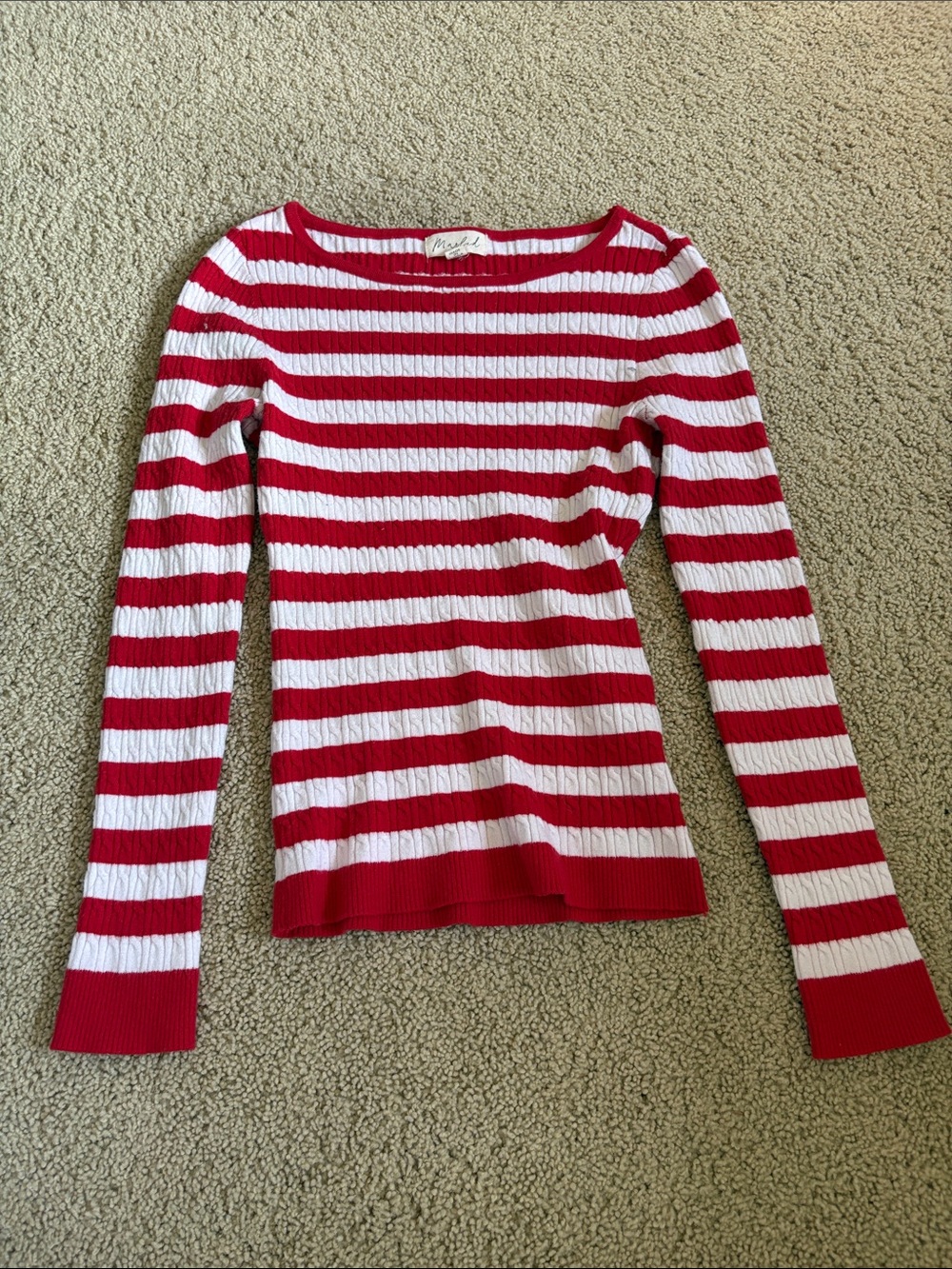 Marled Red and White Striped Ribbed Knit Sweater